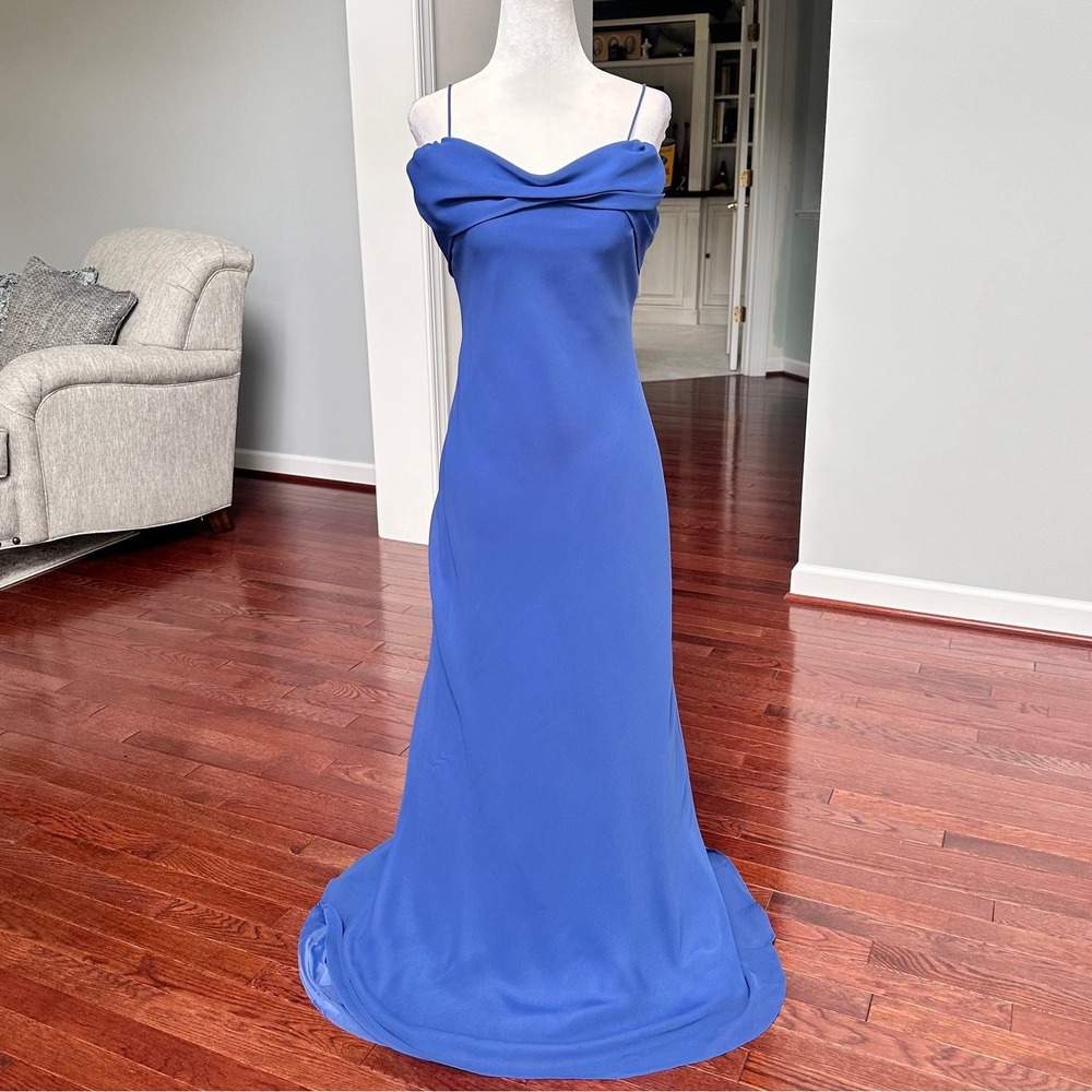 Betsy & Adam Jaslene Vintage Y2K Blue Feminine Maxi Dress Gown Simple Cowl Neck